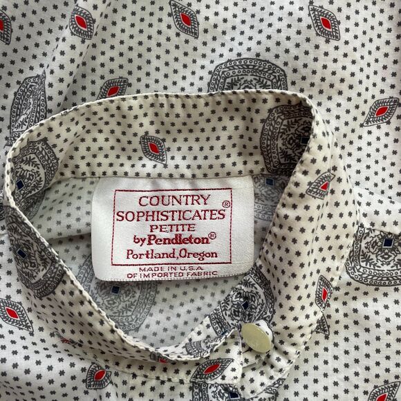 Pendleton Vintage Top Size 6 Petite White Gray Geometric Secretary Cotton 90s - Picture 8 of 13